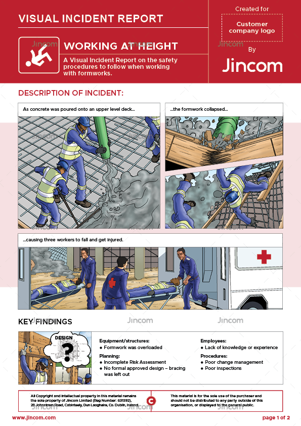 visual incident report, safety cartoon, working at height, formworks