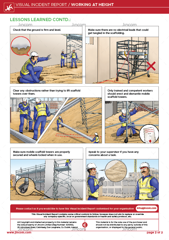 visual incident report, working at height, safety illustration, mobile scaffolding