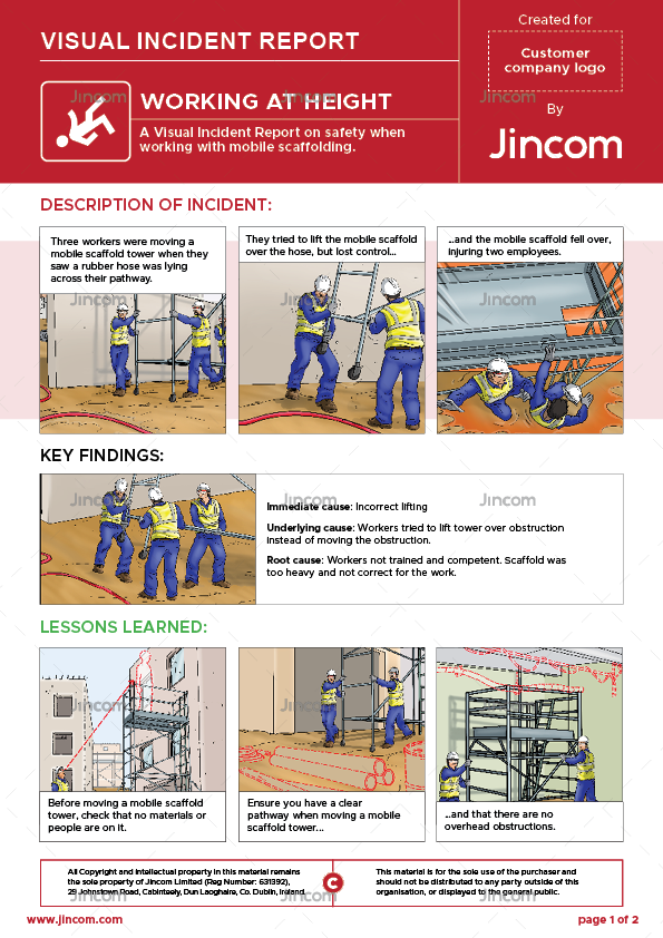 visual incident report, working at height, safety illustration, mobile scaffolding