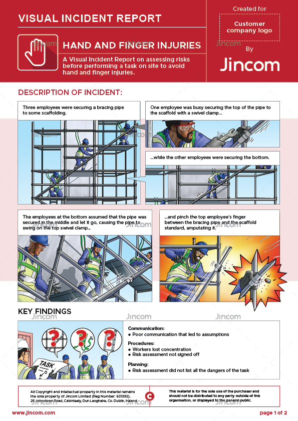 visual incident report, hand and finger injuries, risk assessment, safety cartoon