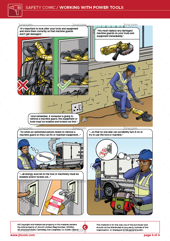 safety comic, power tools, hand injuries, safety illustration, safety cartoon