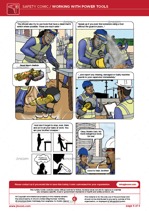 safety comic, power tools, hand injuries, safety illustration, safety cartoon