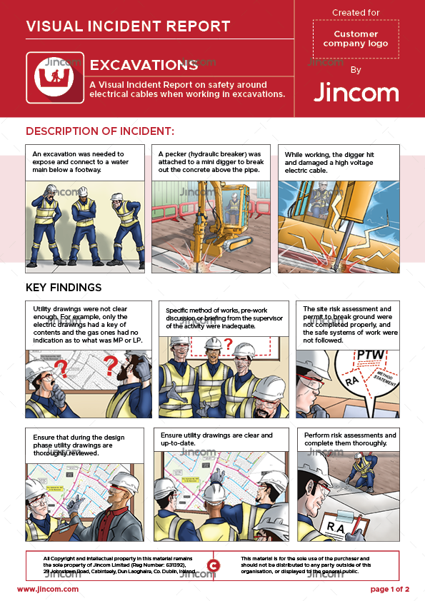 visual incident report,  excavations, safety illustrations, safety cartoon