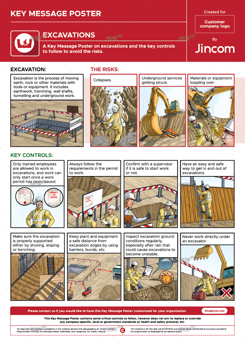 safety poster, excavations, safety illustrations, key message poster
